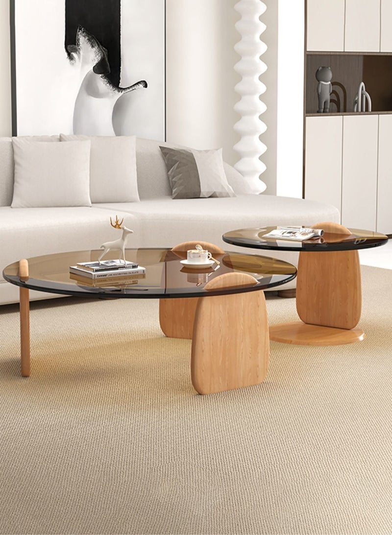 Merry Moments Modern Coffee and Side Table Set Cafe Table Sofa Side Table End Table Snack Table Fshion Design for Living Room Bedroom Office Retail Tempered Glass Top Solid Wood Base Brown Colour - Image 2